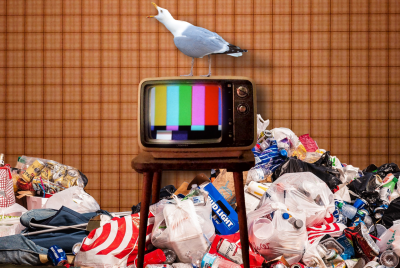 A retro TV on a stand, with a colored bar test pattern, surrounded by a mound of trash. A seagull perches on top of the TV.